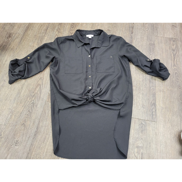 Calvin Klein Women Blouse Top Black Hi-Low Gold Button Sheer Medium Shirt - Picture 1 of 5